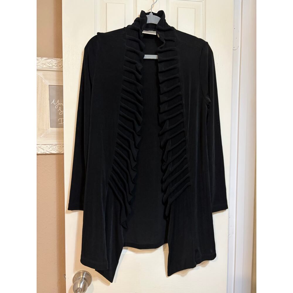 Chico’s Travelers Black Ruffle Open Front Cardigan Jacket Women’s Size 0 Travel